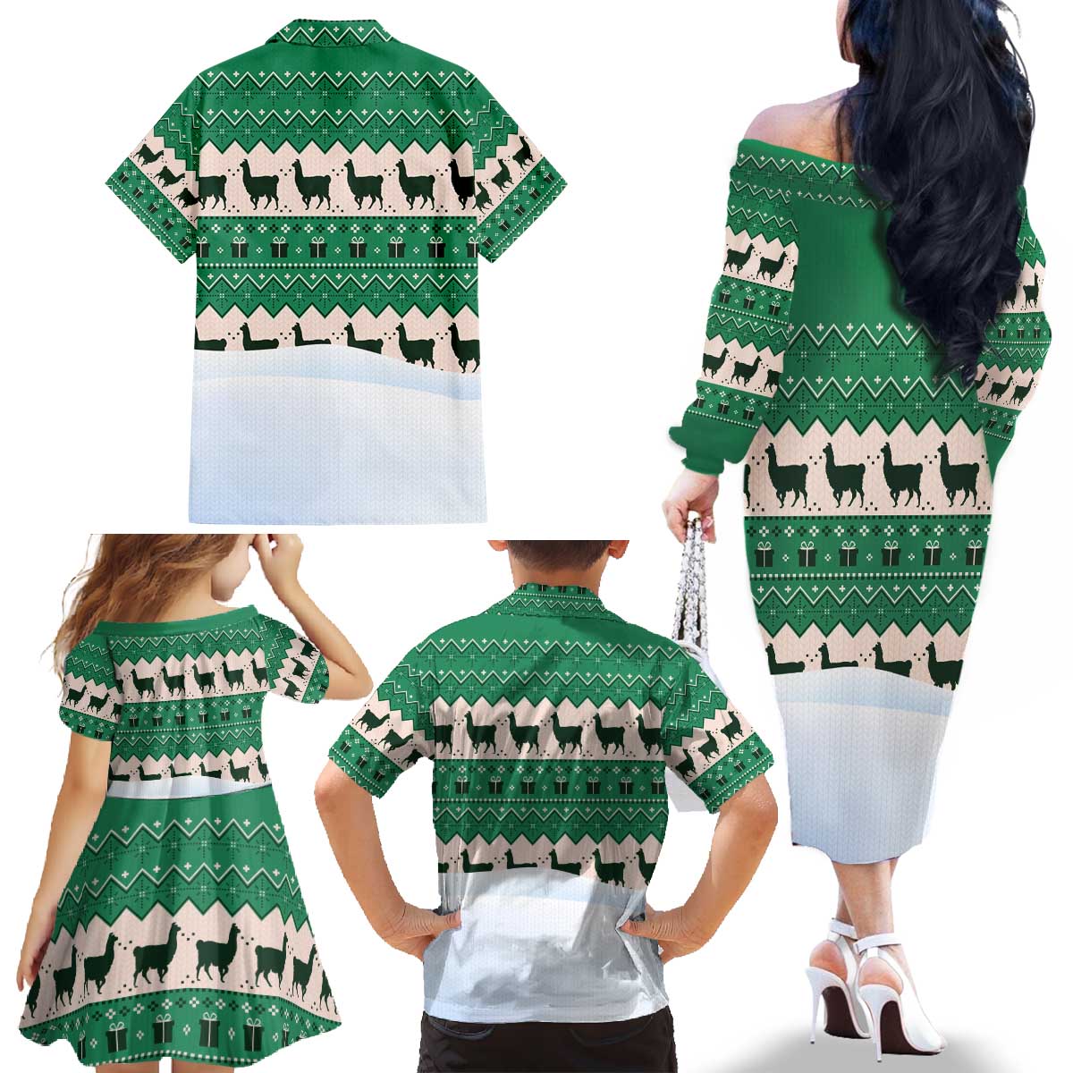 Llama Decorating Tree in Santa Hat Family Matching Off The Shoulder Long Sleeve Dress and Hawaiian Shirt with Green Gift Pattern Design - Wonder Print Shop