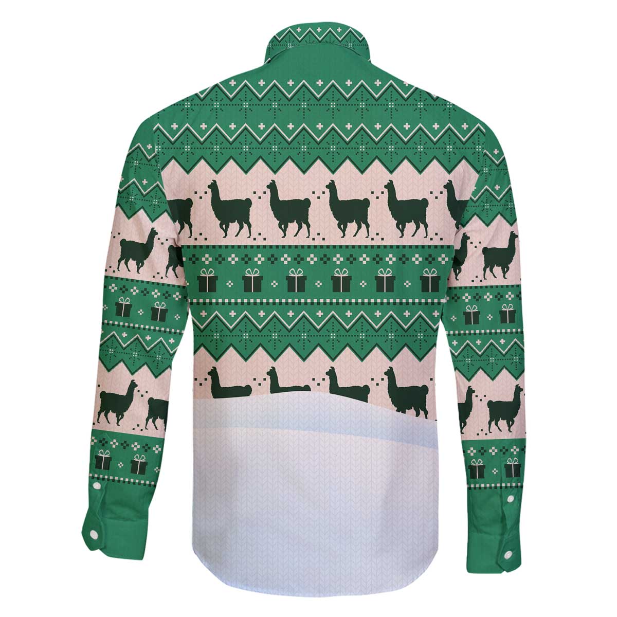 Llama Decorating Tree in Santa Hat Family Matching Off The Shoulder Long Sleeve Dress and Hawaiian Shirt with Green Gift Pattern Design - Wonder Print Shop