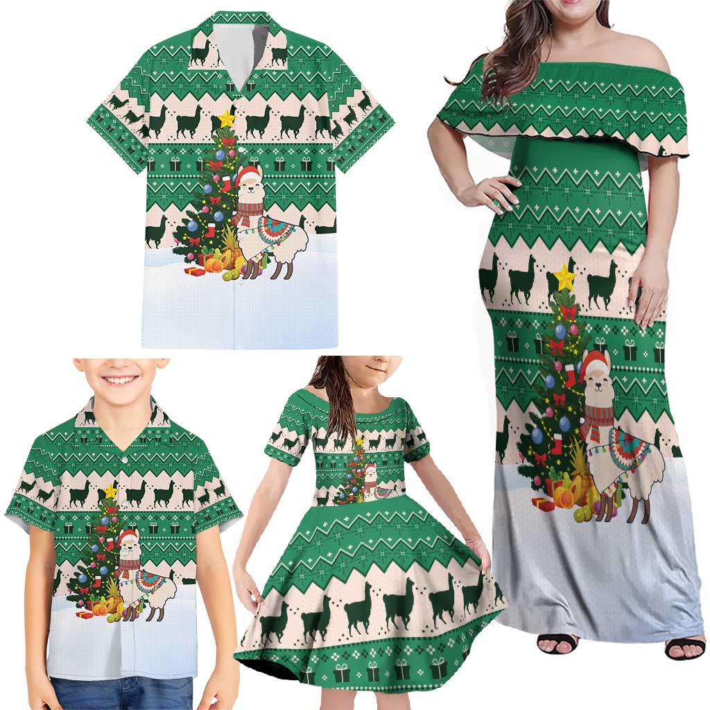 Llama Decorating Tree in Santa Hat Family Matching Off Shoulder Maxi Dress and Hawaiian Shirt with Green Gift Pattern Design - Wonder Print Shop