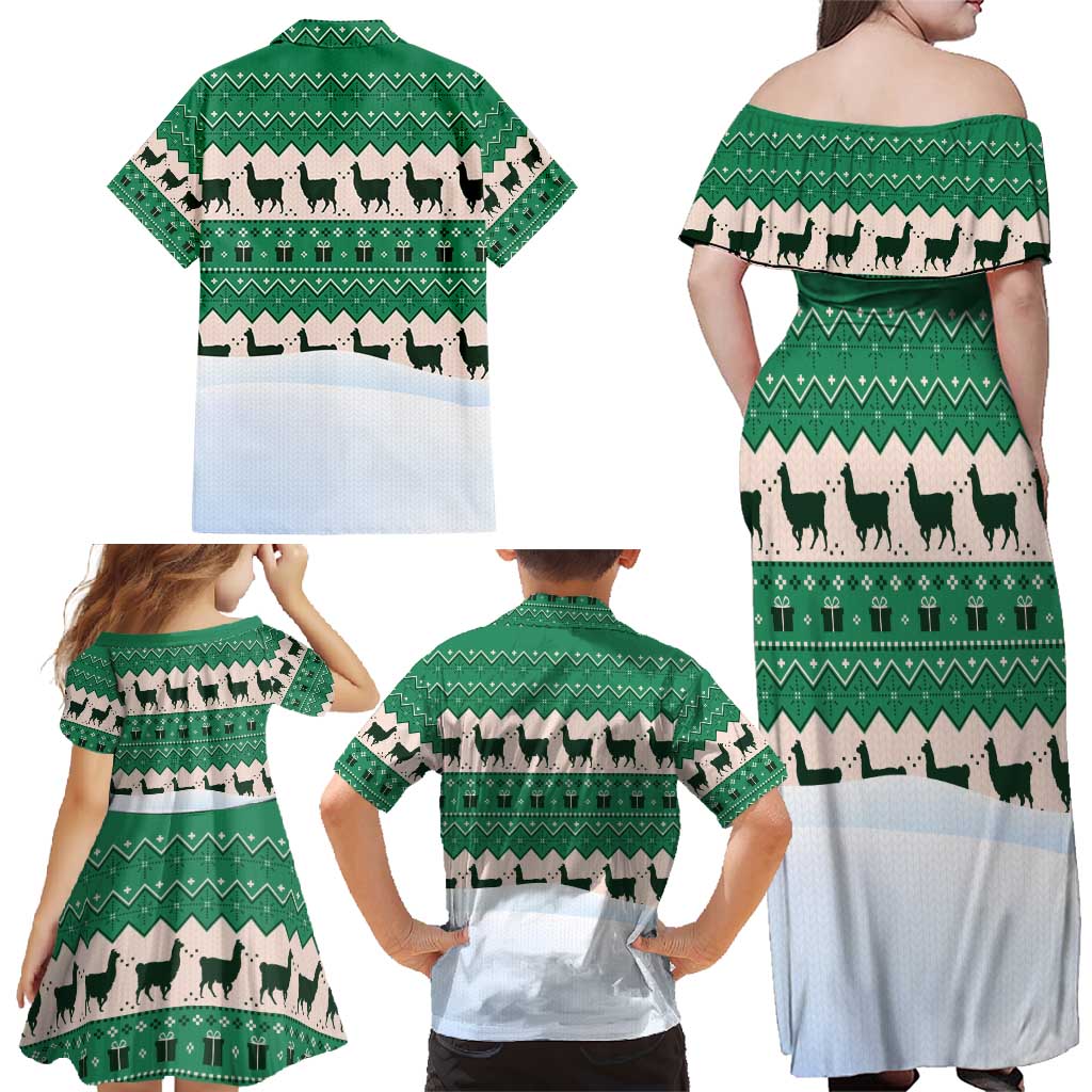 Llama Decorating Tree in Santa Hat Family Matching Off Shoulder Maxi Dress and Hawaiian Shirt with Green Gift Pattern Design - Wonder Print Shop