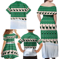 Llama Decorating Tree in Santa Hat Family Matching Off Shoulder Maxi Dress and Hawaiian Shirt with Green Gift Pattern Design - Wonder Print Shop
