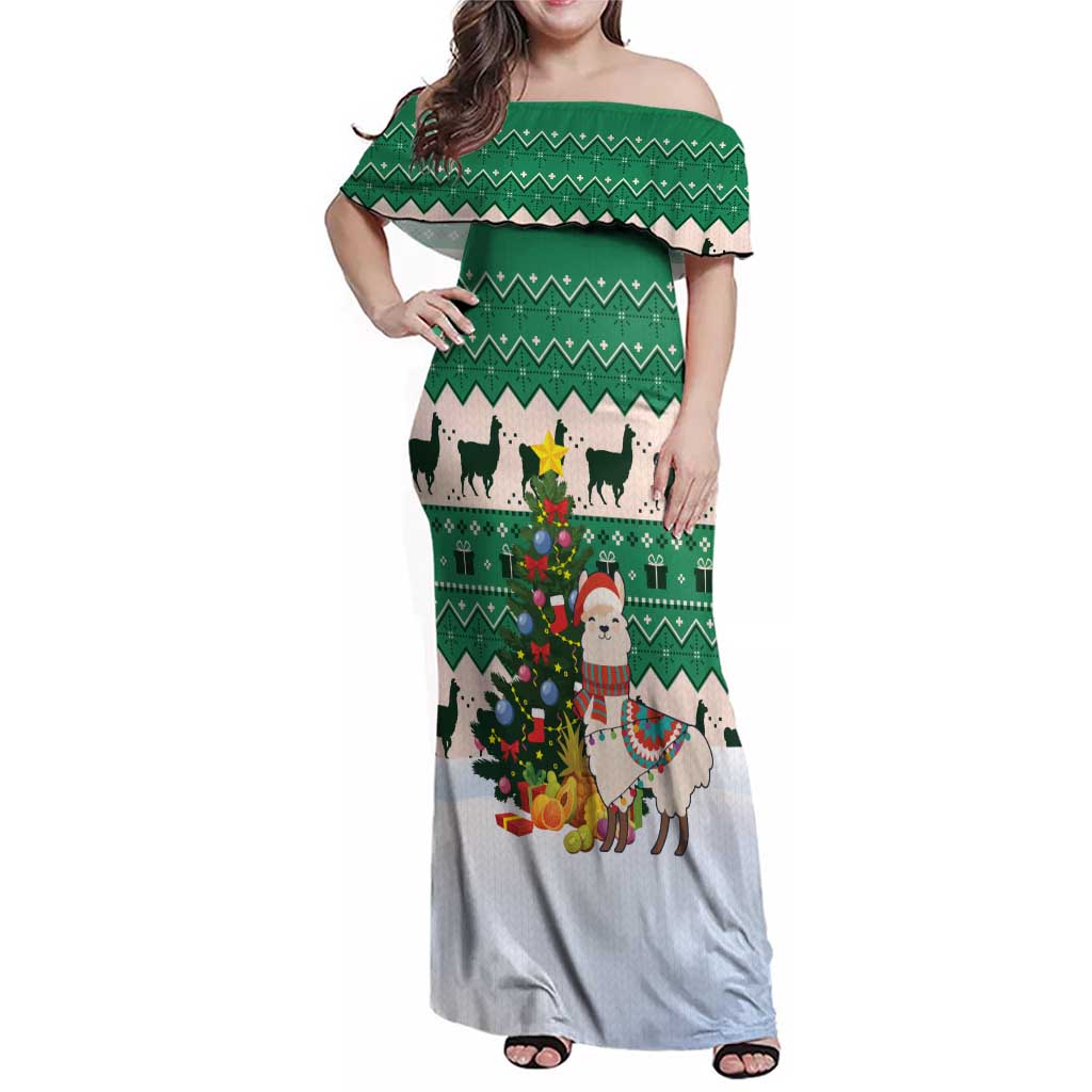 Llama Decorating Tree in Santa Hat Family Matching Off Shoulder Maxi Dress and Hawaiian Shirt with Green Gift Pattern Design - Wonder Print Shop