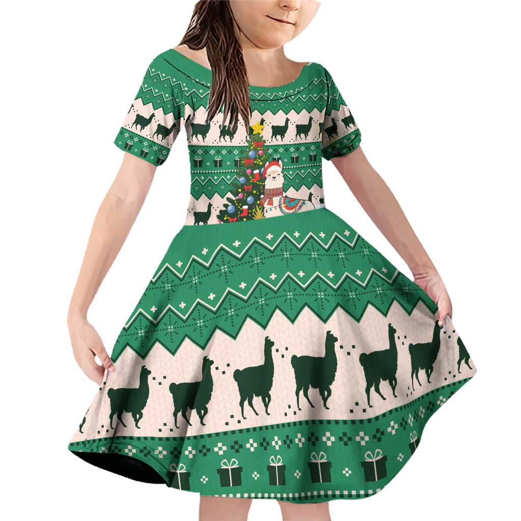 Llama Decorating Tree in Santa Hat Family Matching Off Shoulder Short Dress and Hawaiian Shirt with Green Gift Pattern Design - Wonder Print Shop