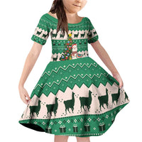 Llama Decorating Tree in Santa Hat Family Matching Off Shoulder Short Dress and Hawaiian Shirt with Green Gift Pattern Design - Wonder Print Shop