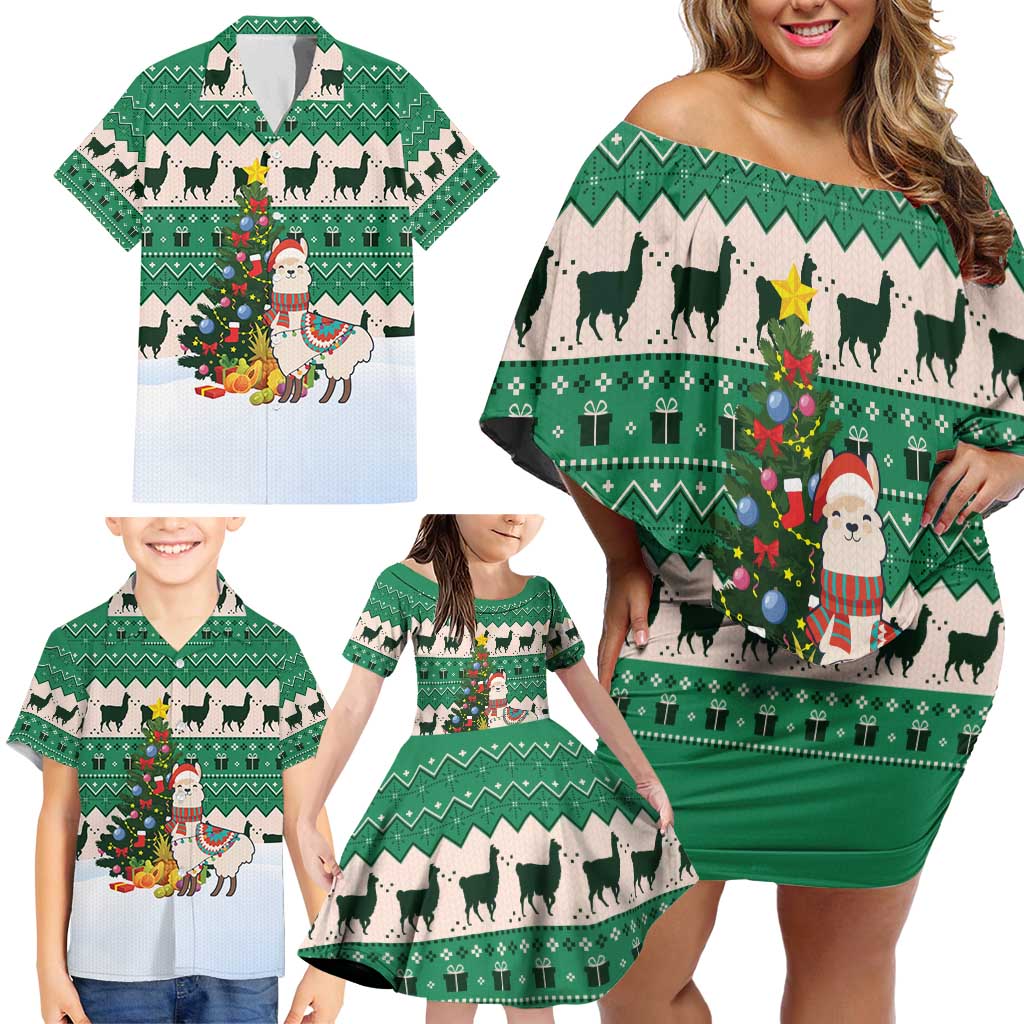 Llama Decorating Tree in Santa Hat Family Matching Off Shoulder Short Dress and Hawaiian Shirt with Green Gift Pattern Design - Wonder Print Shop