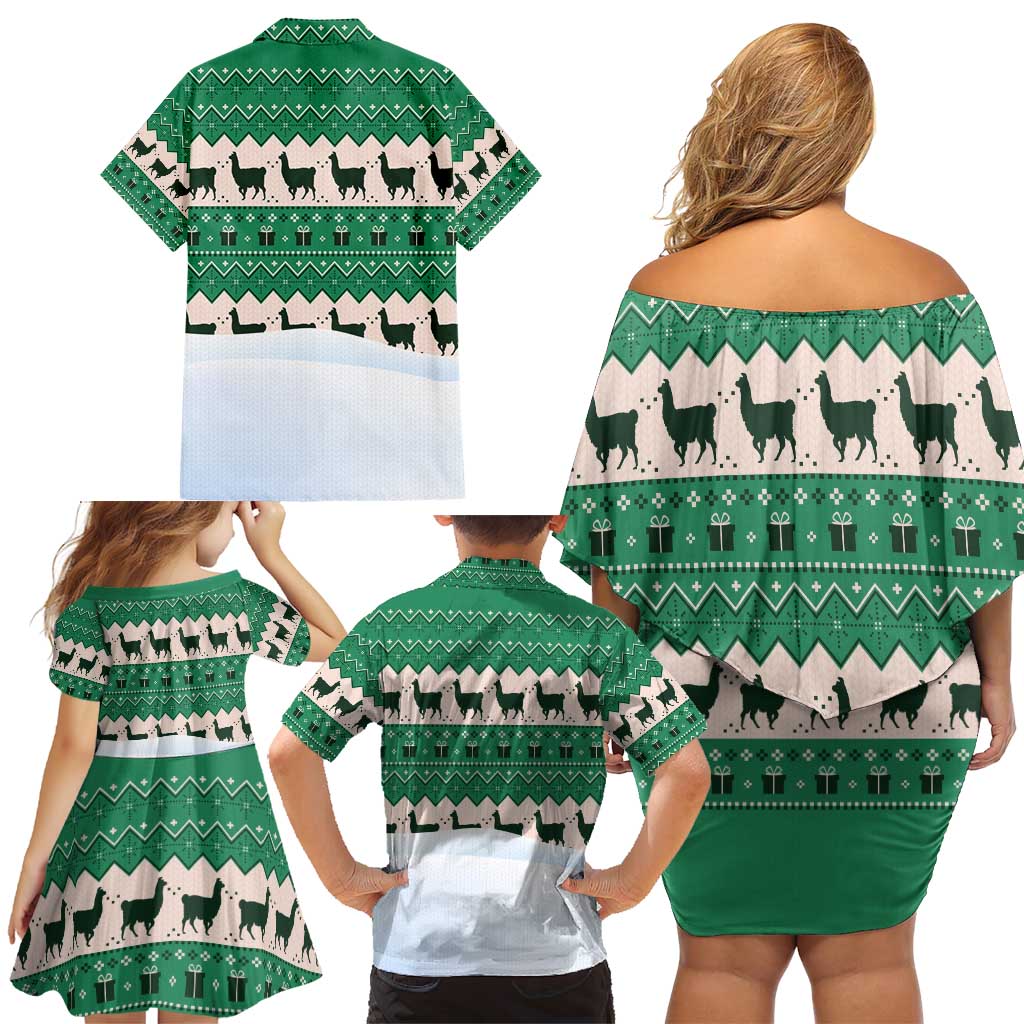 Llama Decorating Tree in Santa Hat Family Matching Off Shoulder Short Dress and Hawaiian Shirt with Green Gift Pattern Design - Wonder Print Shop