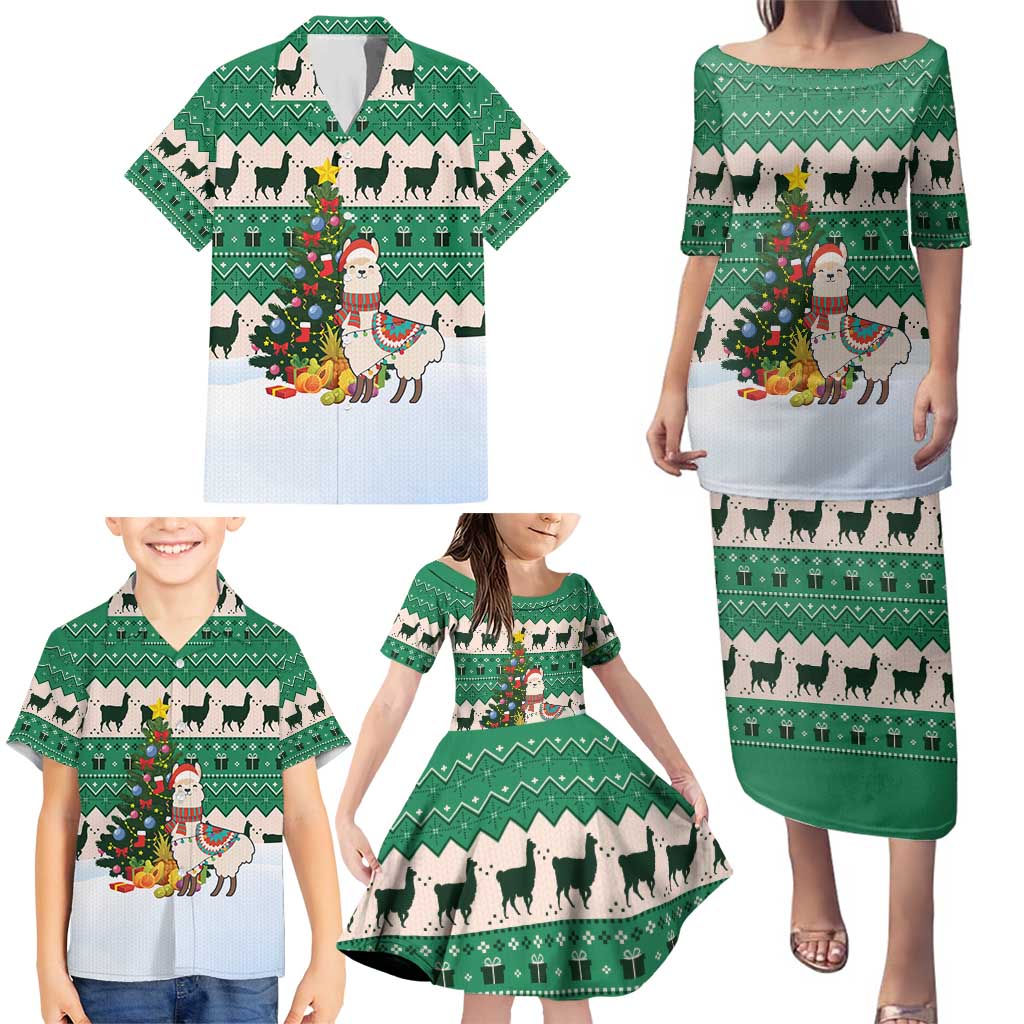Llama Decorating Tree in Santa Hat Family Matching Puletasi and Hawaiian Shirt with Green Gift Pattern Design - Wonder Print Shop