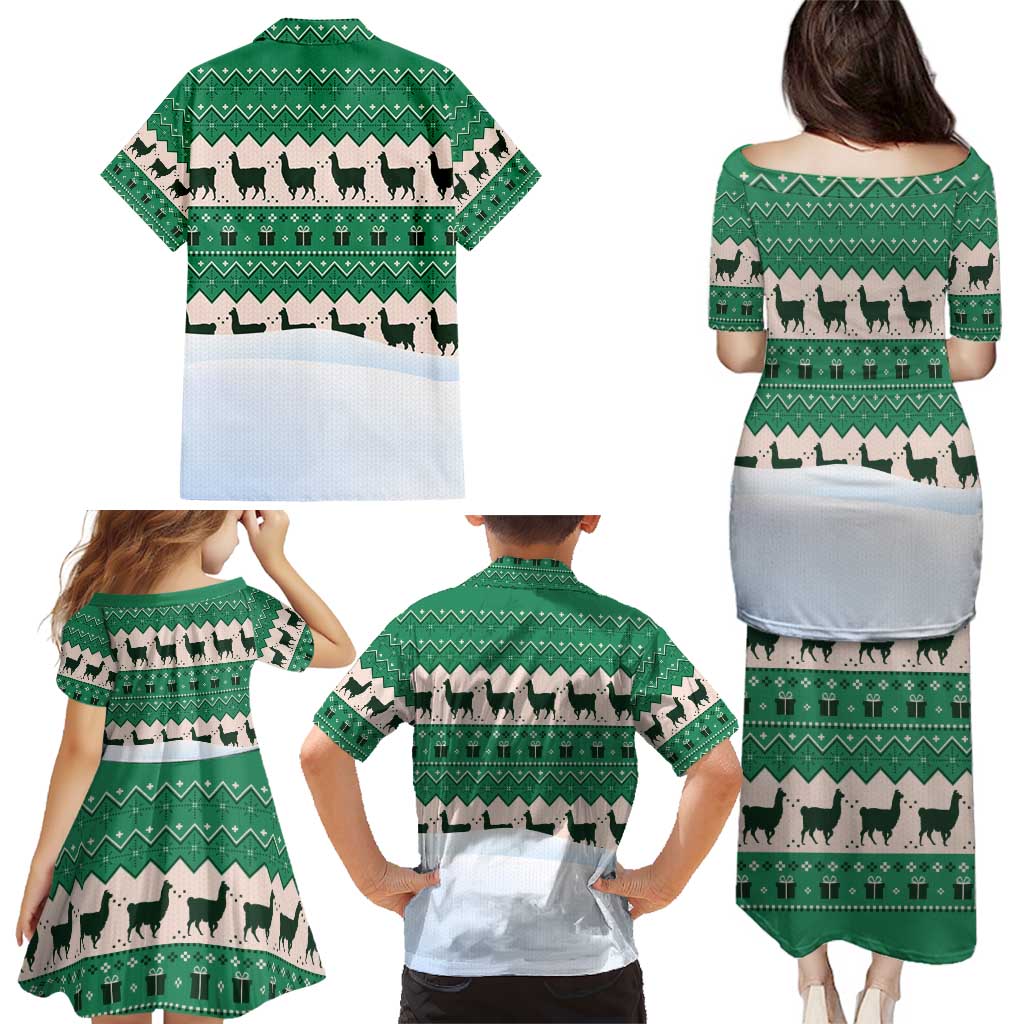 Llama Decorating Tree in Santa Hat Family Matching Puletasi and Hawaiian Shirt with Green Gift Pattern Design - Wonder Print Shop