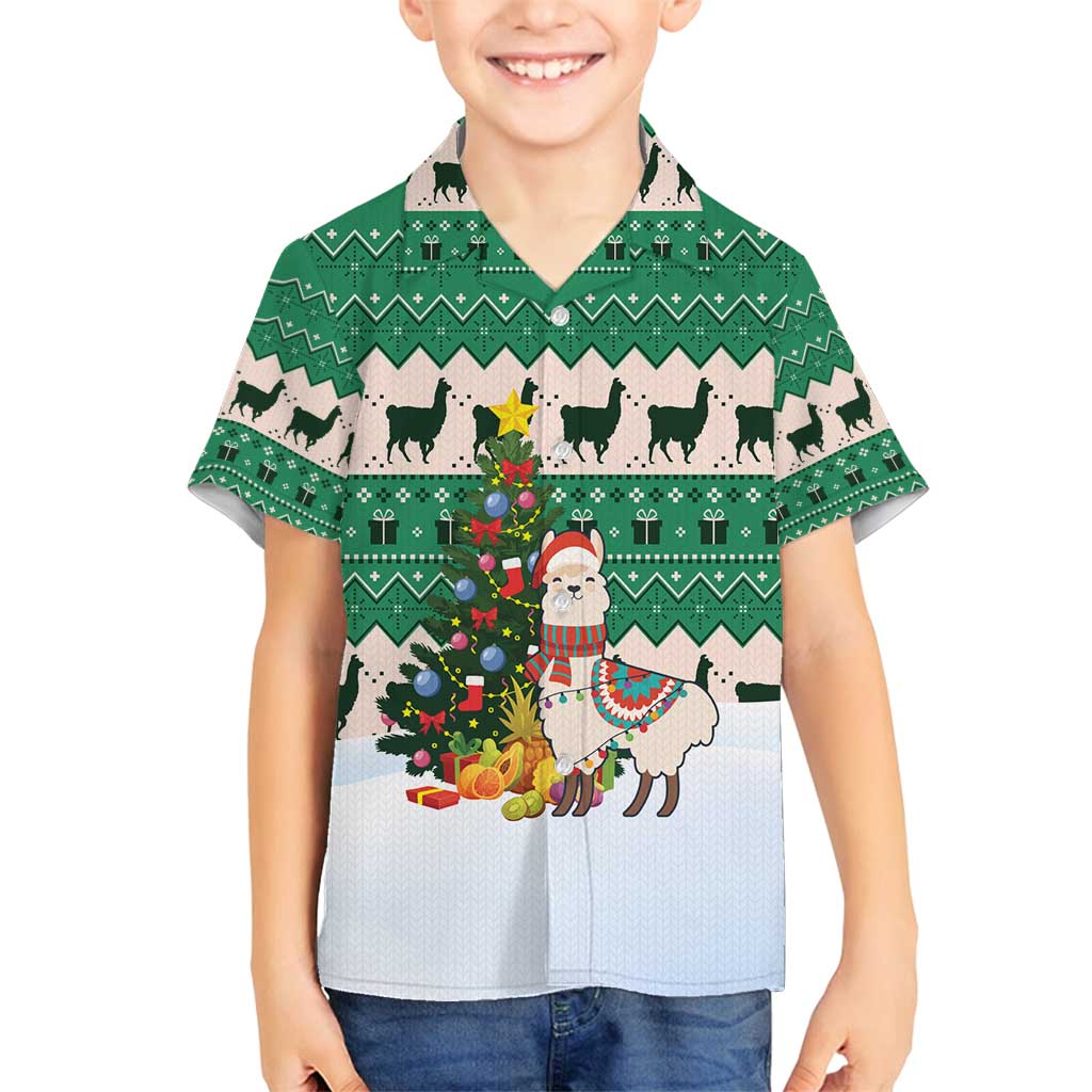 Llama Decorating Tree in Santa Hat Family Matching Puletasi and Hawaiian Shirt with Green Gift Pattern Design - Wonder Print Shop