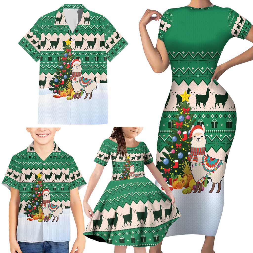 Llama Decorating Tree in Santa Hat Family Matching Short Sleeve Bodycon Dress and Hawaiian Shirt with Green Gift Pattern Design - Wonder Print Shop