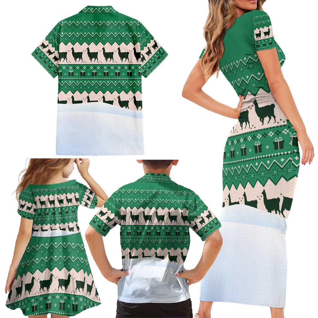 Llama Decorating Tree in Santa Hat Family Matching Short Sleeve Bodycon Dress and Hawaiian Shirt with Green Gift Pattern Design - Wonder Print Shop