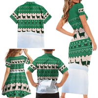 Llama Decorating Tree in Santa Hat Family Matching Short Sleeve Bodycon Dress and Hawaiian Shirt with Green Gift Pattern Design - Wonder Print Shop