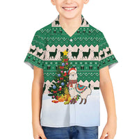Llama Decorating Tree in Santa Hat Family Matching Short Sleeve Bodycon Dress and Hawaiian Shirt with Green Gift Pattern Design - Wonder Print Shop