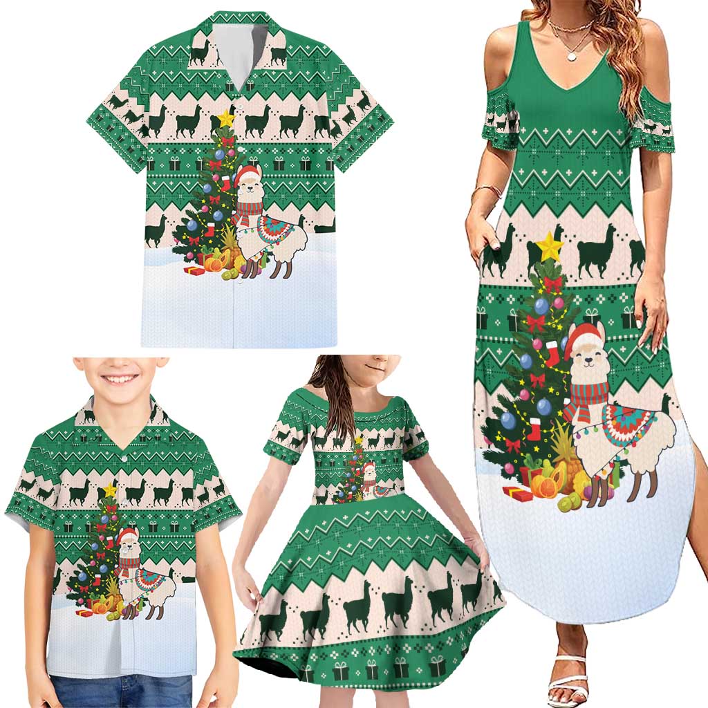Llama Decorating Tree in Santa Hat Family Matching Summer Maxi Dress and Hawaiian Shirt with Green Gift Pattern Design - Wonder Print Shop