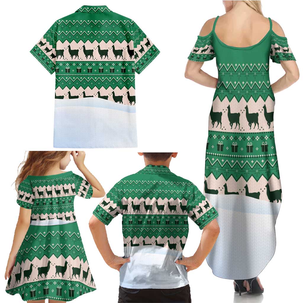 Llama Decorating Tree in Santa Hat Family Matching Summer Maxi Dress and Hawaiian Shirt with Green Gift Pattern Design - Wonder Print Shop