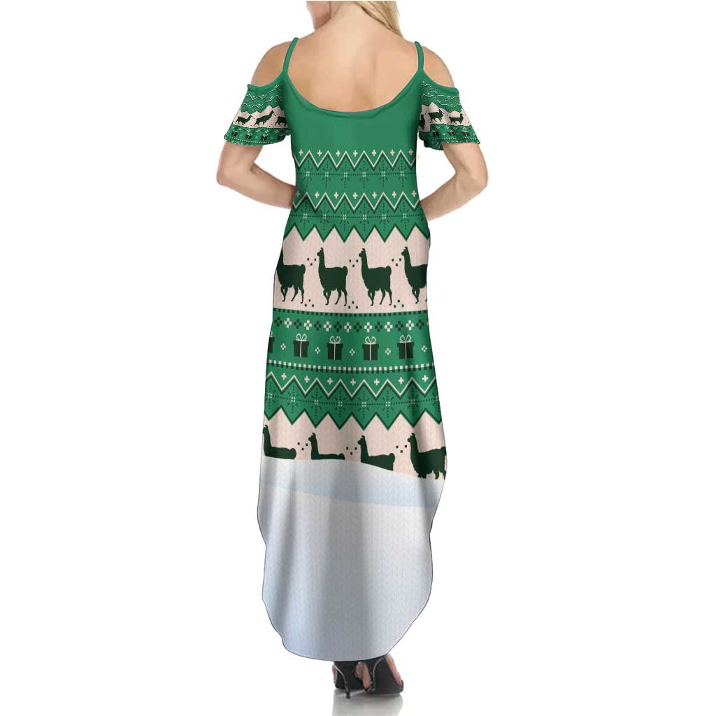 Llama Decorating Tree in Santa Hat Family Matching Summer Maxi Dress and Hawaiian Shirt with Green Gift Pattern Design - Wonder Print Shop