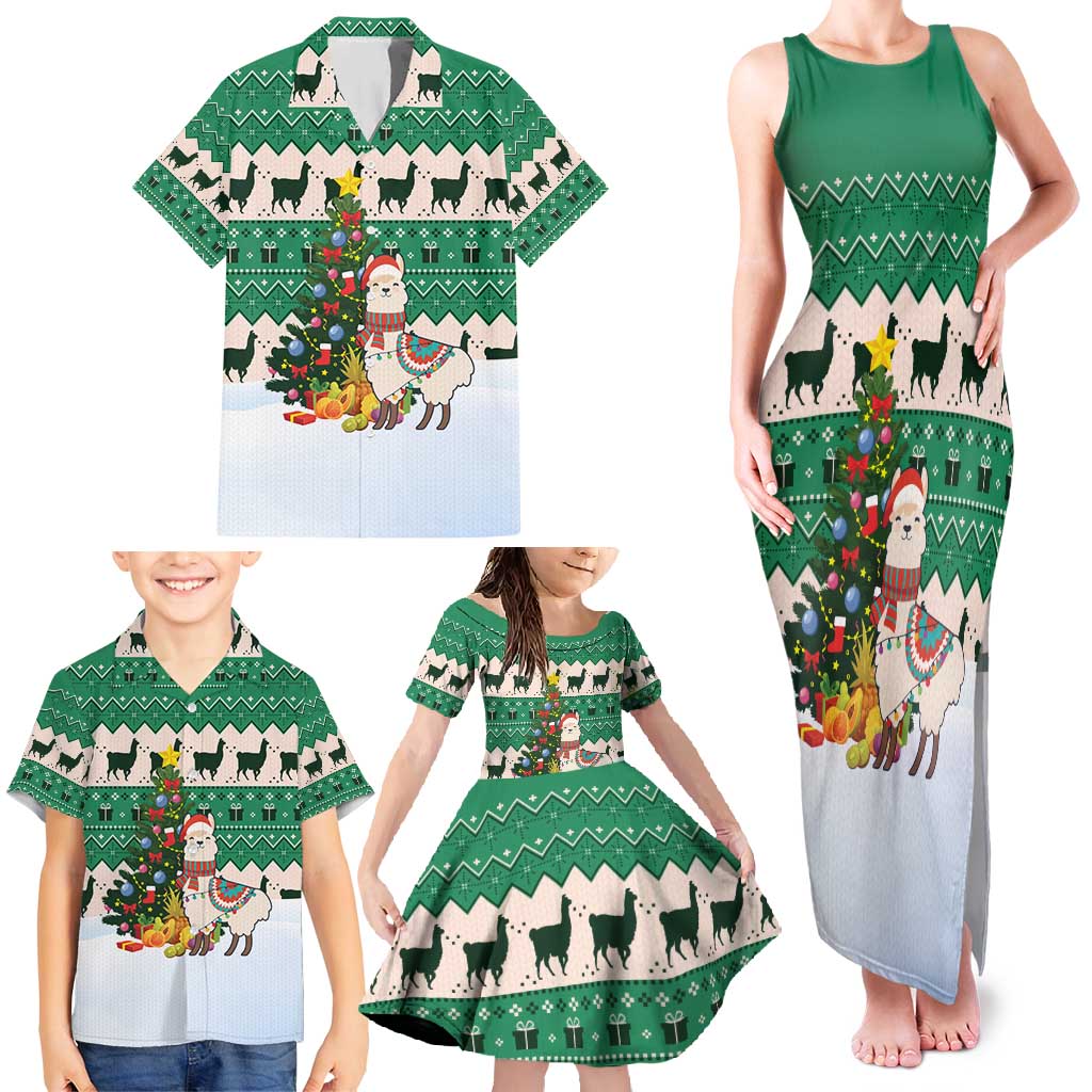Llama Decorating Tree in Santa Hat Family Matching Tank Maxi Dress and Hawaiian Shirt with Green Gift Pattern Design - Wonder Print Shop