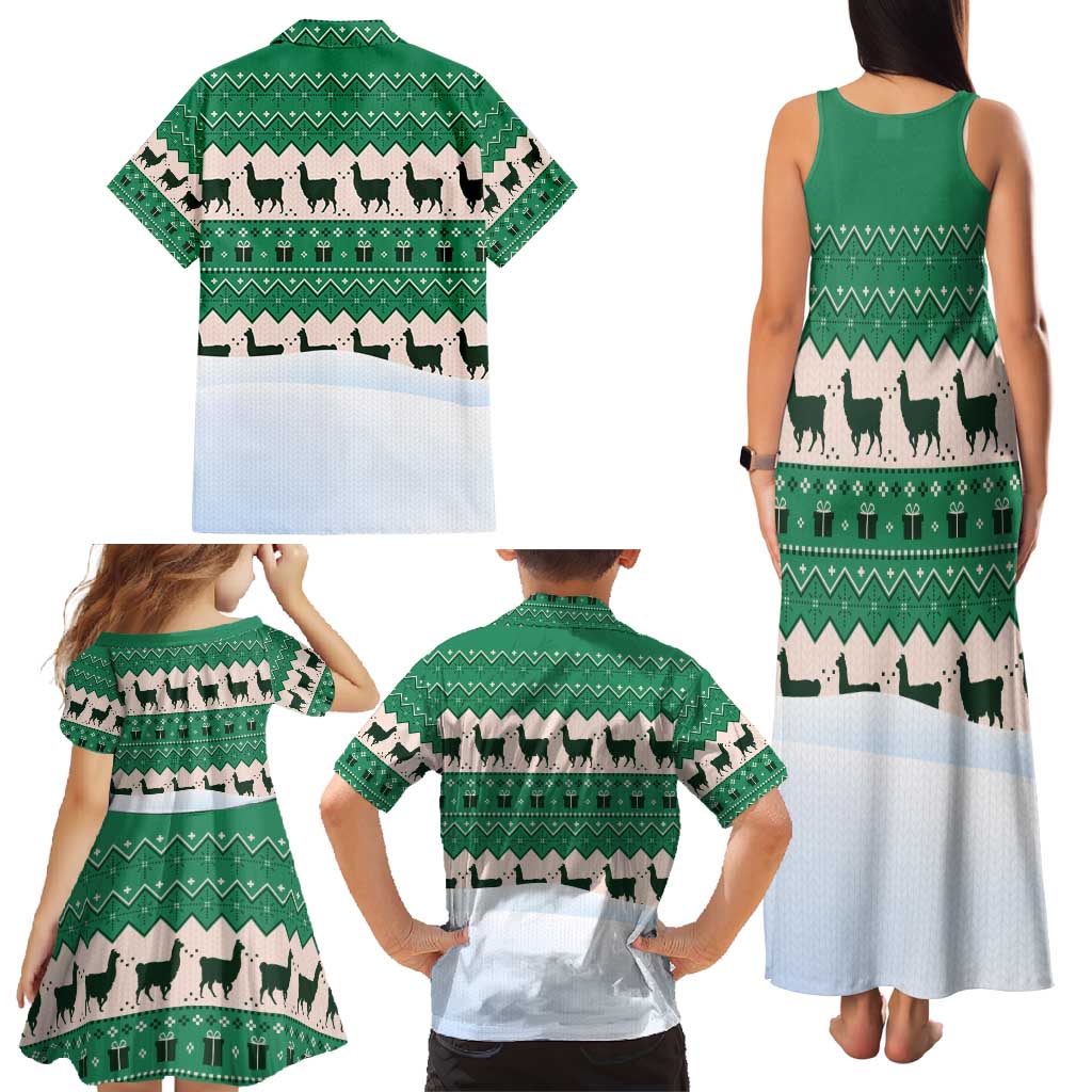 Llama Decorating Tree in Santa Hat Family Matching Tank Maxi Dress and Hawaiian Shirt with Green Gift Pattern Design - Wonder Print Shop