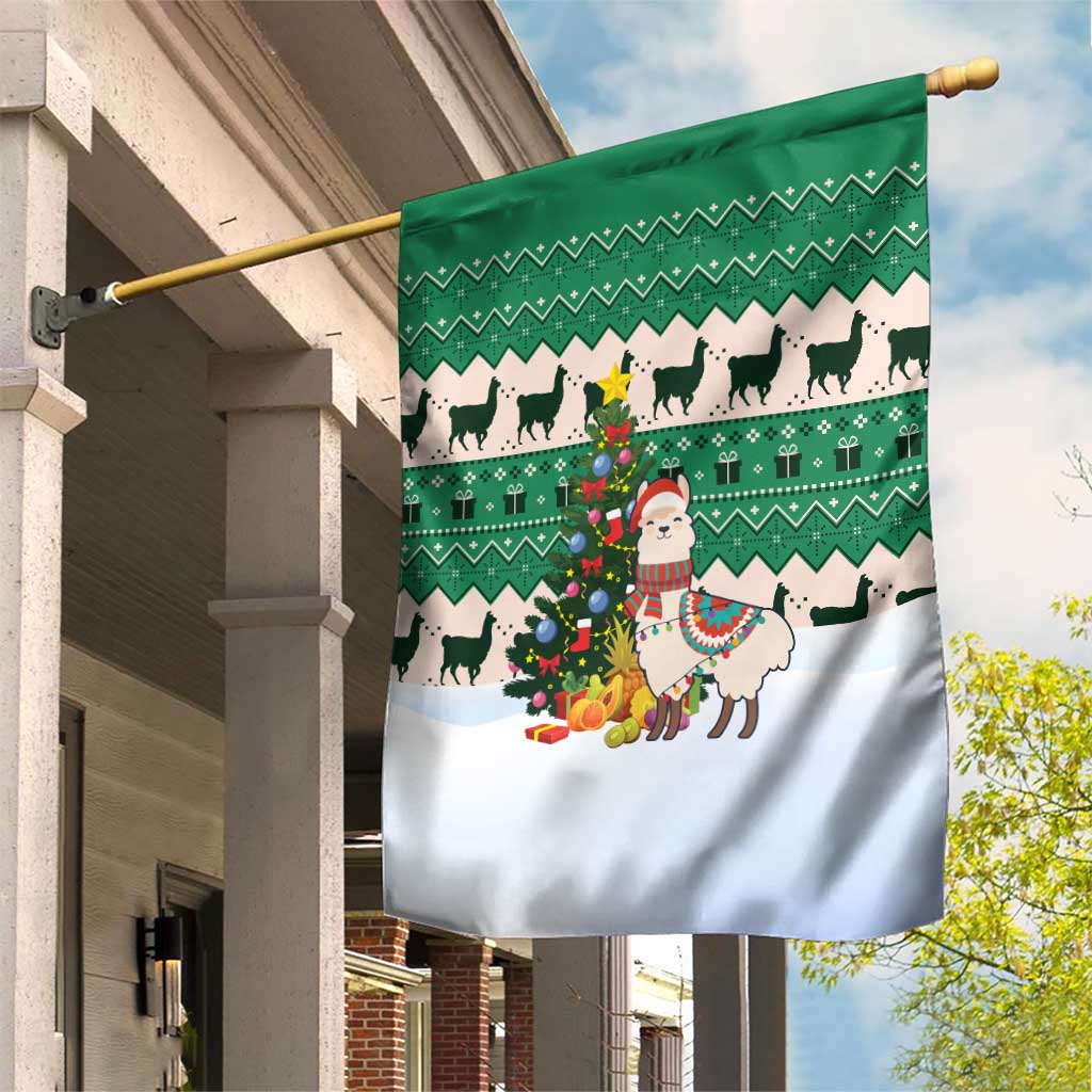Llama Decorating Tree in Santa Hat Garden Flag with Green Gift Pattern Design - Wonder Print Shop