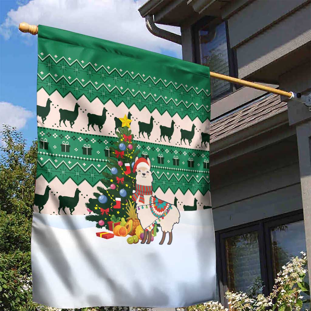 Llama Decorating Tree in Santa Hat Garden Flag with Green Gift Pattern Design - Wonder Print Shop