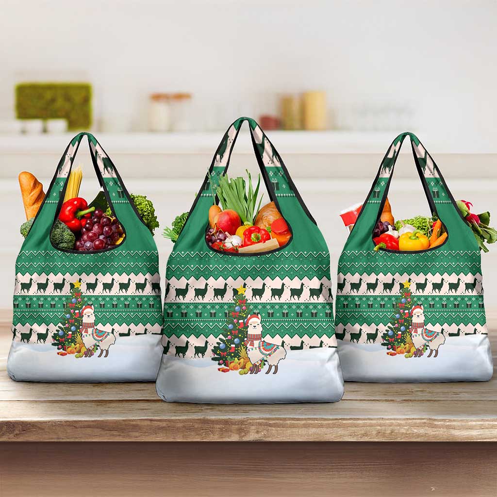 Llama Decorating Tree in Santa Hat Grocery Bag with Green Gift Pattern Design - Wonder Print Shop