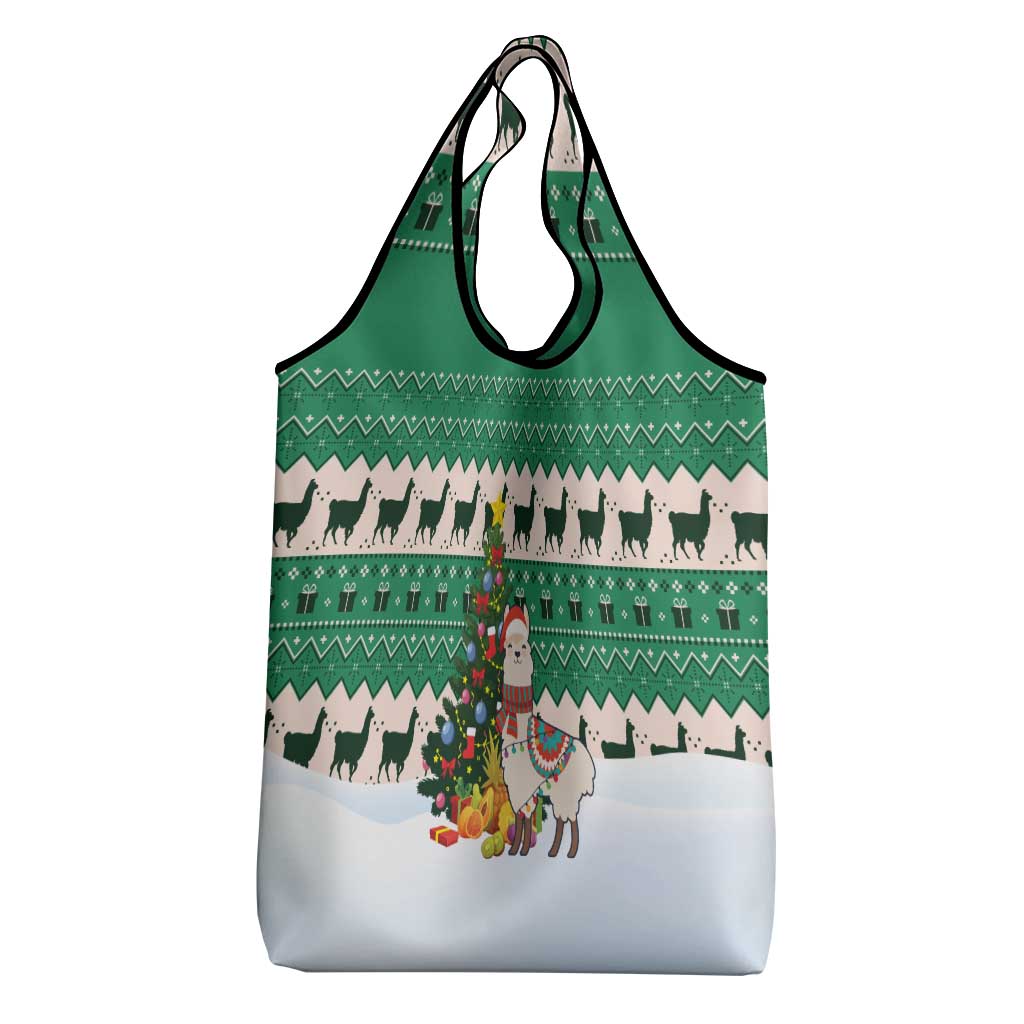 Llama Decorating Tree in Santa Hat Grocery Bag with Green Gift Pattern Design - Wonder Print Shop