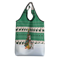 Llama Decorating Tree in Santa Hat Grocery Bag with Green Gift Pattern Design - Wonder Print Shop
