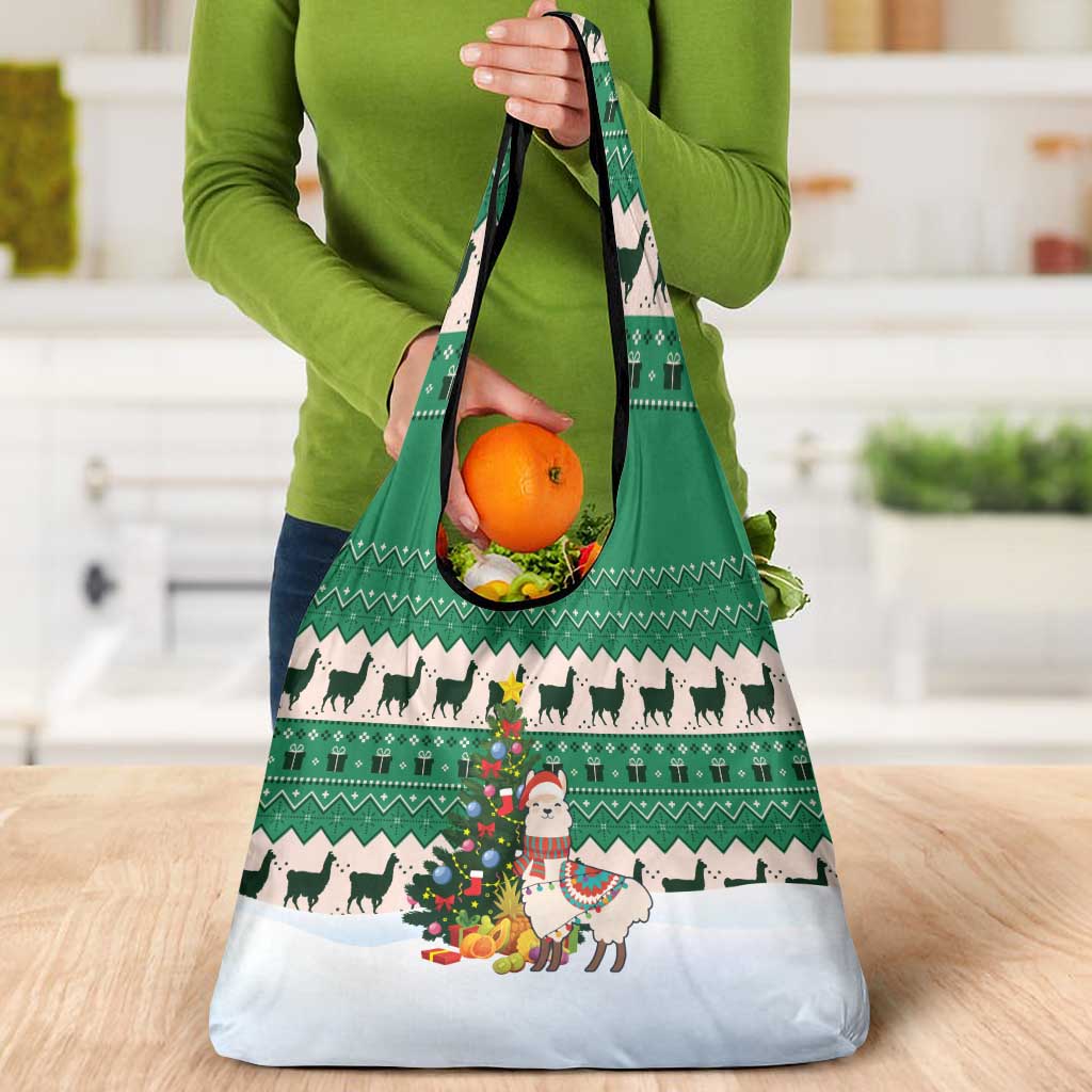 Llama Decorating Tree in Santa Hat Grocery Bag with Green Gift Pattern Design - Wonder Print Shop