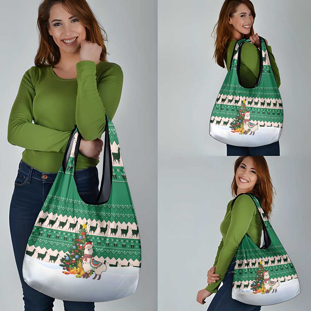 Llama Decorating Tree in Santa Hat Grocery Bag with Green Gift Pattern Design - Wonder Print Shop