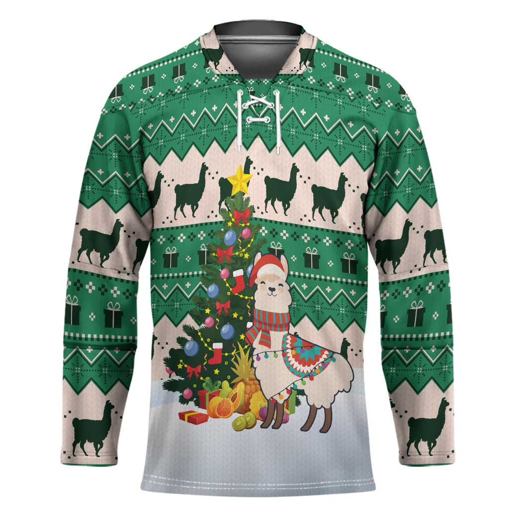 Llama Decorating Tree in Santa Hat Hockey Jersey with Green Gift Pattern Design - Wonder Print Shop