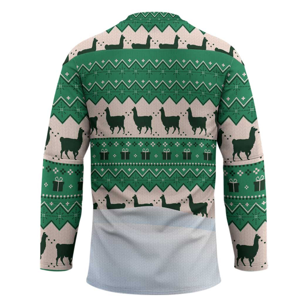 Llama Decorating Tree in Santa Hat Hockey Jersey with Green Gift Pattern Design - Wonder Print Shop