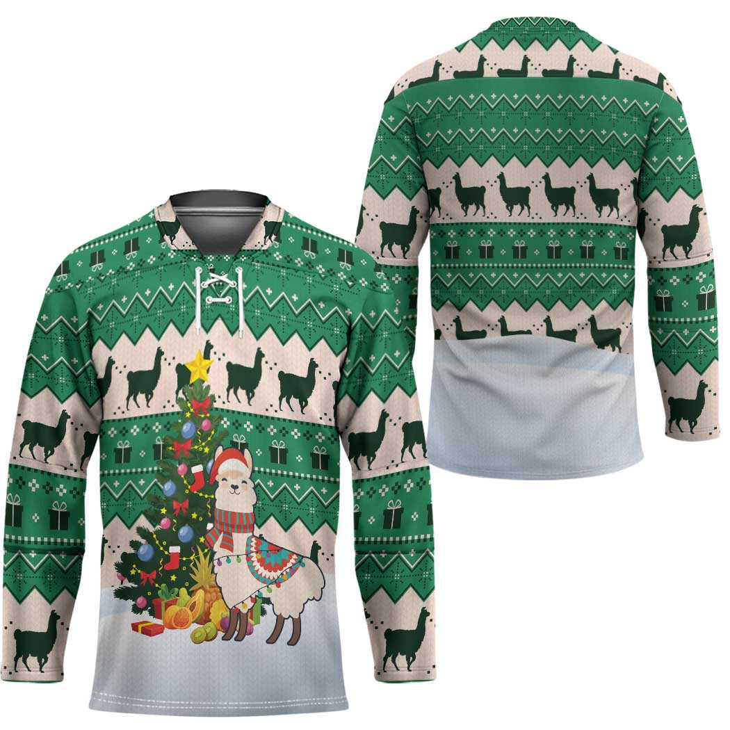 Llama Decorating Tree in Santa Hat Hockey Jersey with Green Gift Pattern Design - Wonder Print Shop