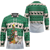 Llama Decorating Tree in Santa Hat Hockey Jersey with Green Gift Pattern Design - Wonder Print Shop