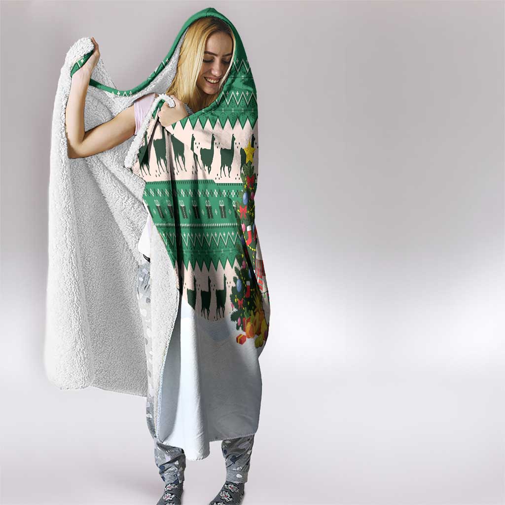 Llama Decorating Tree in Santa Hat Hooded Blanket with Green Gift Pattern Design - Wonder Print Shop