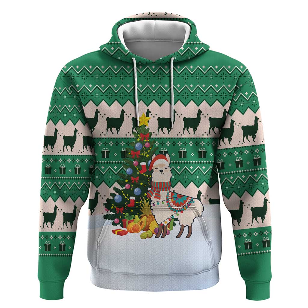 Llama Decorating Tree in Santa Hat Hoodie with Green Gift Pattern Design - Wonder Print Shop