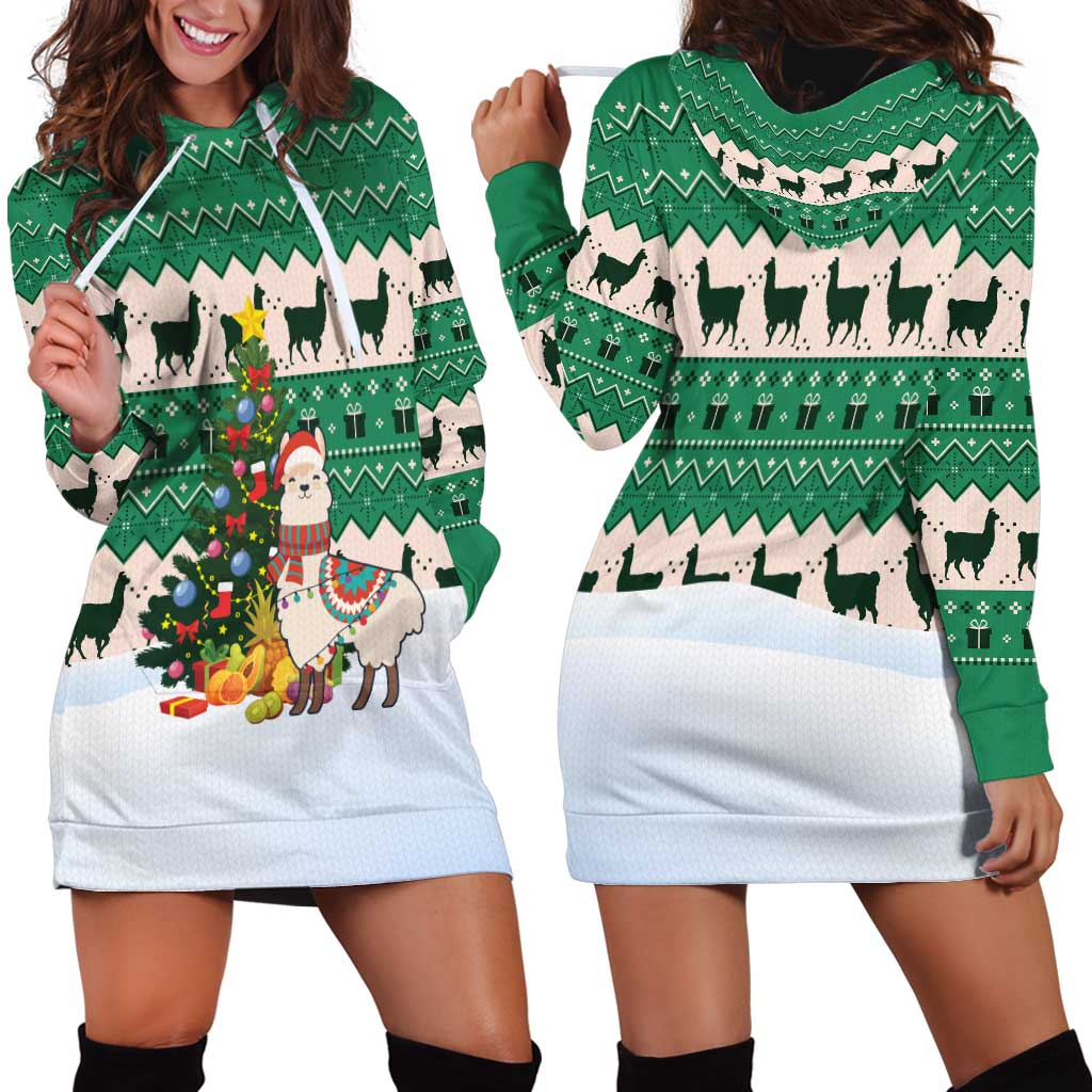 Llama Decorating Tree in Santa Hat Hoodie Dress with Green Gift Pattern Design - Wonder Print Shop