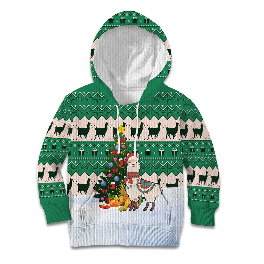 Llama Decorating Tree in Santa Hat Kid Hoodie with Green Gift Pattern Design - Wonder Print Shop