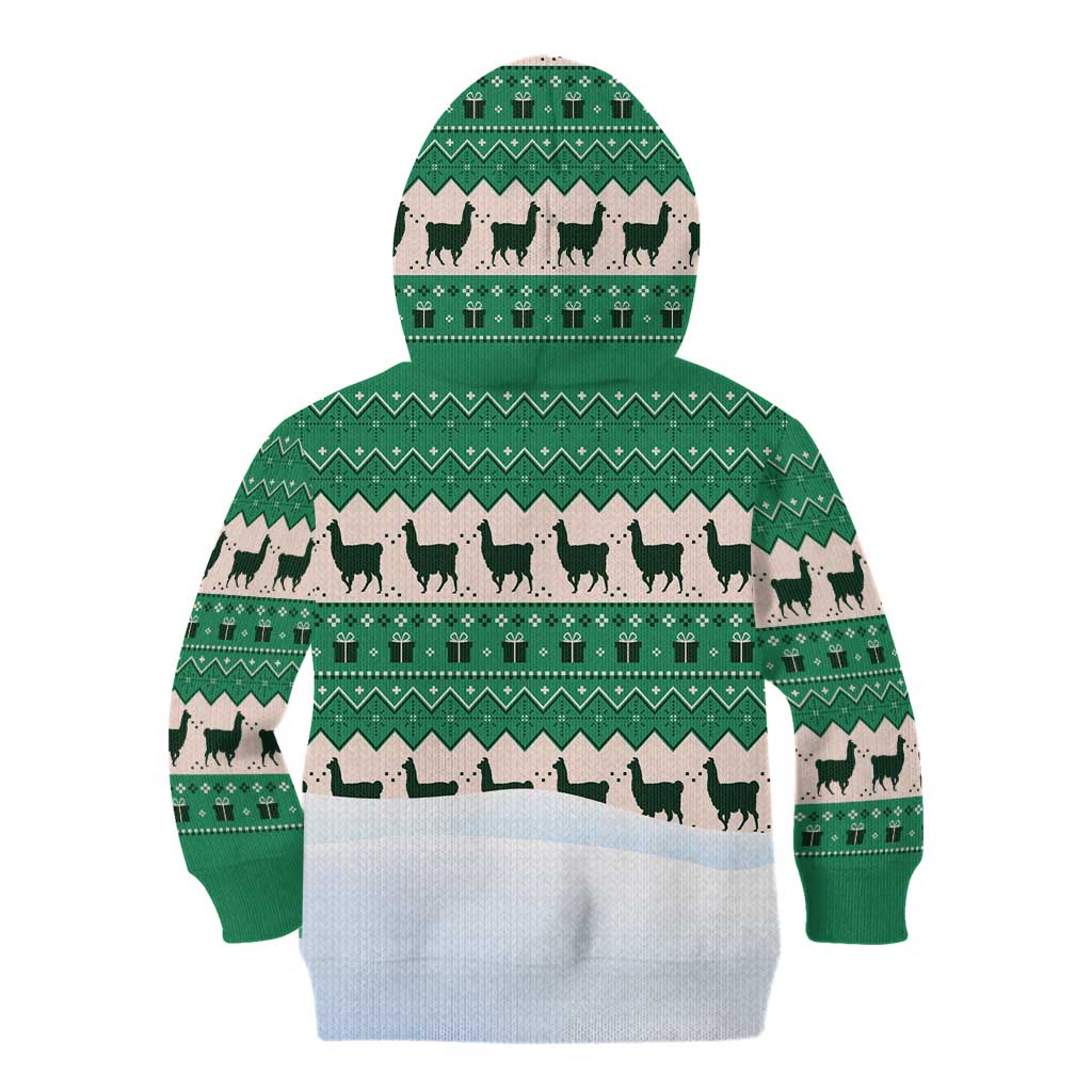 Llama Decorating Tree in Santa Hat Kid Hoodie with Green Gift Pattern Design - Wonder Print Shop