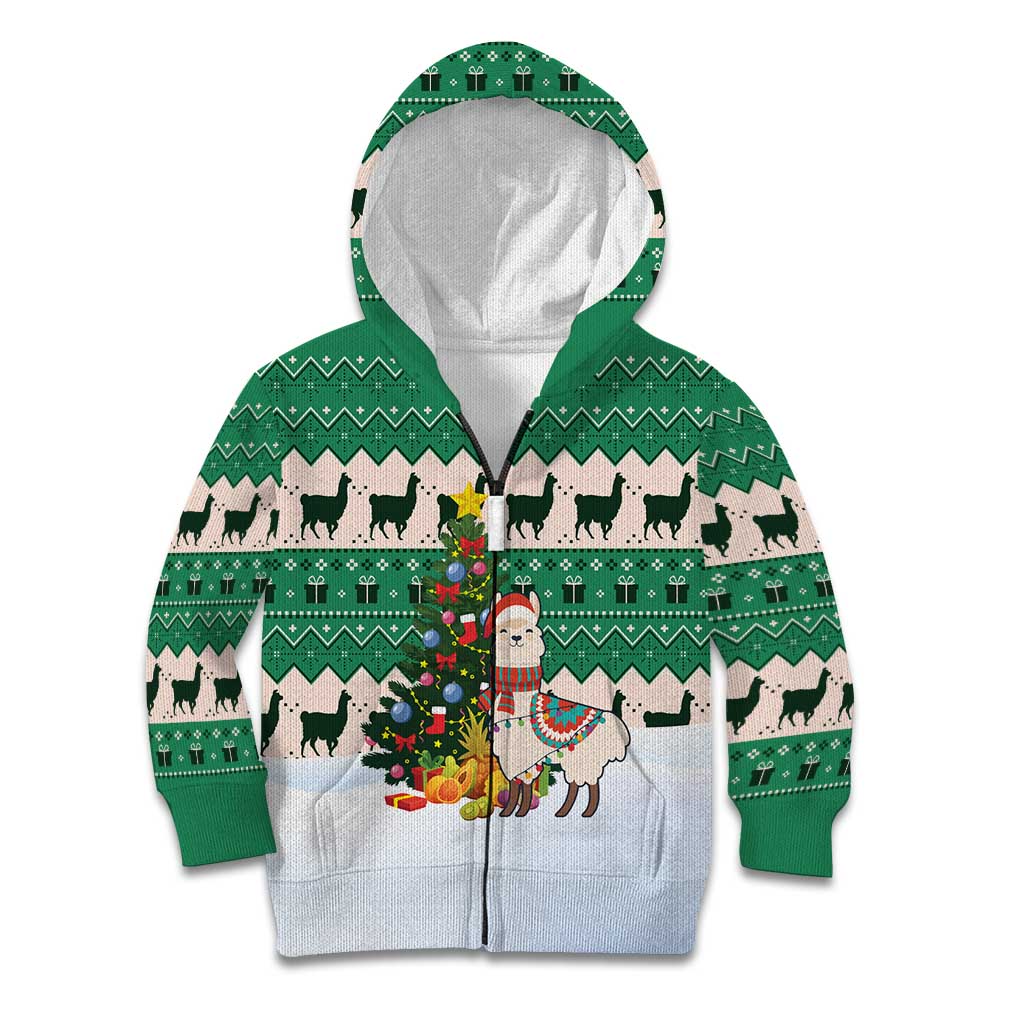 Llama Decorating Tree in Santa Hat Kid Hoodie with Green Gift Pattern Design - Wonder Print Shop