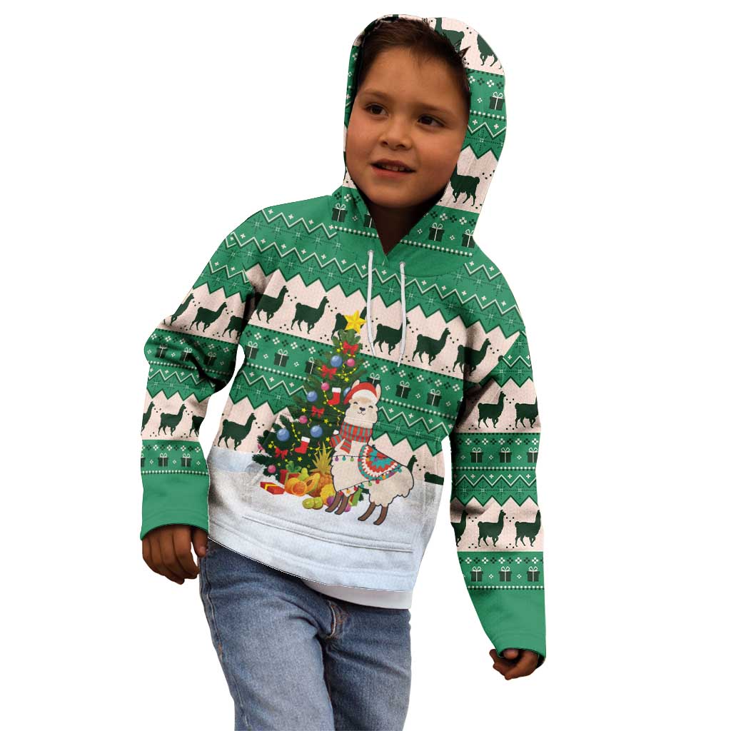 Llama Decorating Tree in Santa Hat Kid Hoodie with Green Gift Pattern Design - Wonder Print Shop