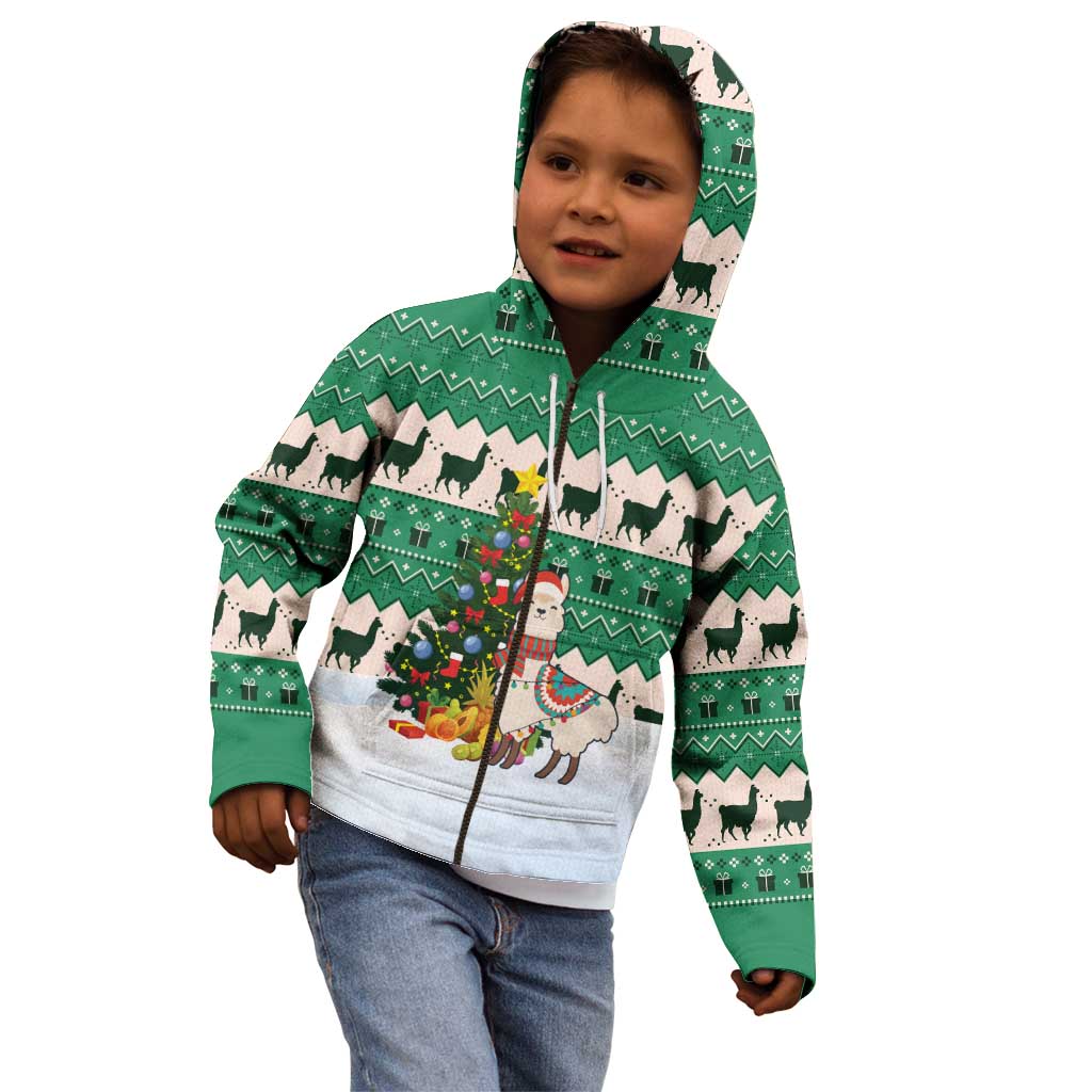 Llama Decorating Tree in Santa Hat Kid Hoodie with Green Gift Pattern Design - Wonder Print Shop
