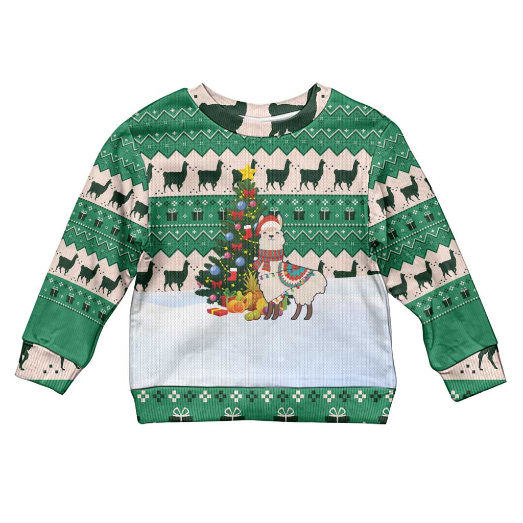 Llama Decorating Tree in Santa Hat Kid Ugly Christmas Sweater with Green Gift Pattern Design - Wonder Print Shop