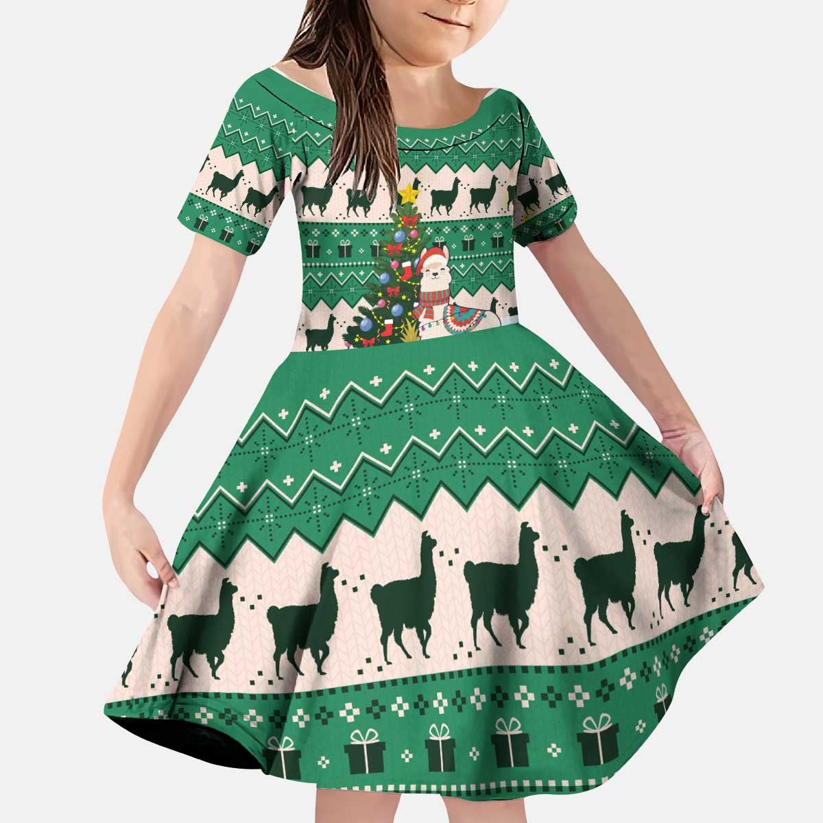 Llama Decorating Tree in Santa Hat Kid Short Sleeve Dress with Green Gift Pattern Design - Wonder Print Shop