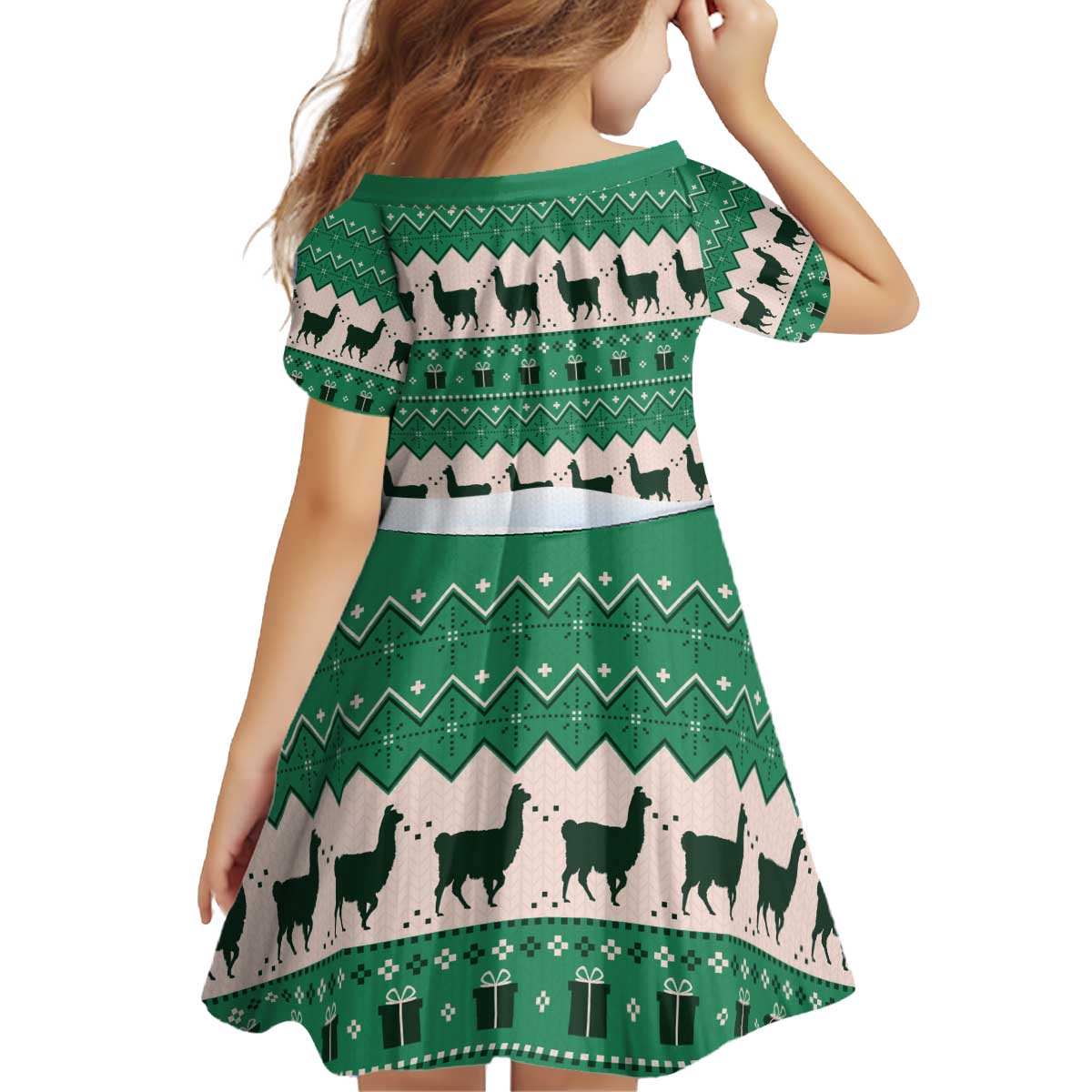 Llama Decorating Tree in Santa Hat Kid Short Sleeve Dress with Green Gift Pattern Design - Wonder Print Shop