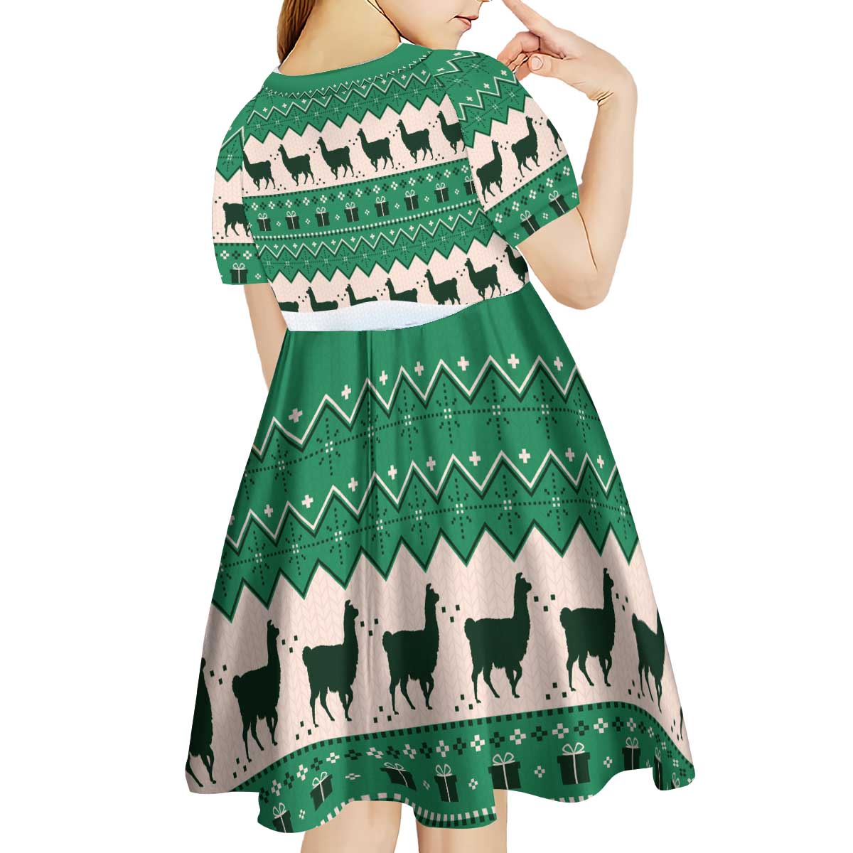 Llama Decorating Tree in Santa Hat Kid Short Sleeve Dress with Green Gift Pattern Design - Wonder Print Shop