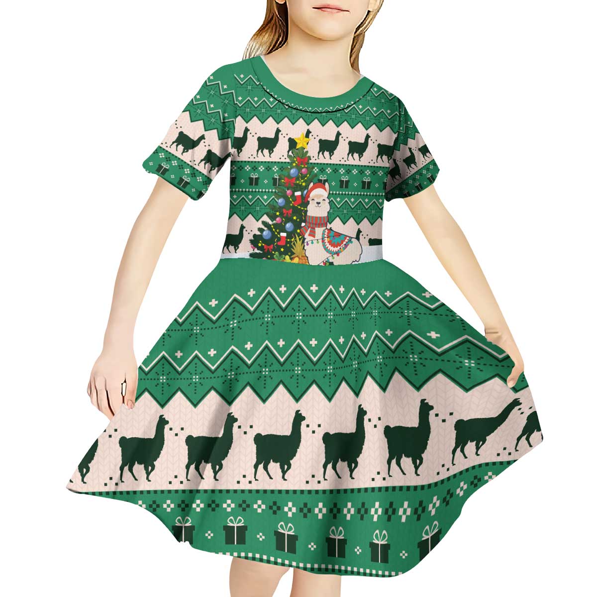 Llama Decorating Tree in Santa Hat Kid Short Sleeve Dress with Green Gift Pattern Design - Wonder Print Shop