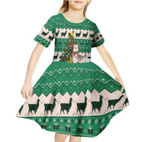 Llama Decorating Tree in Santa Hat Kid Short Sleeve Dress with Green Gift Pattern Design - Wonder Print Shop