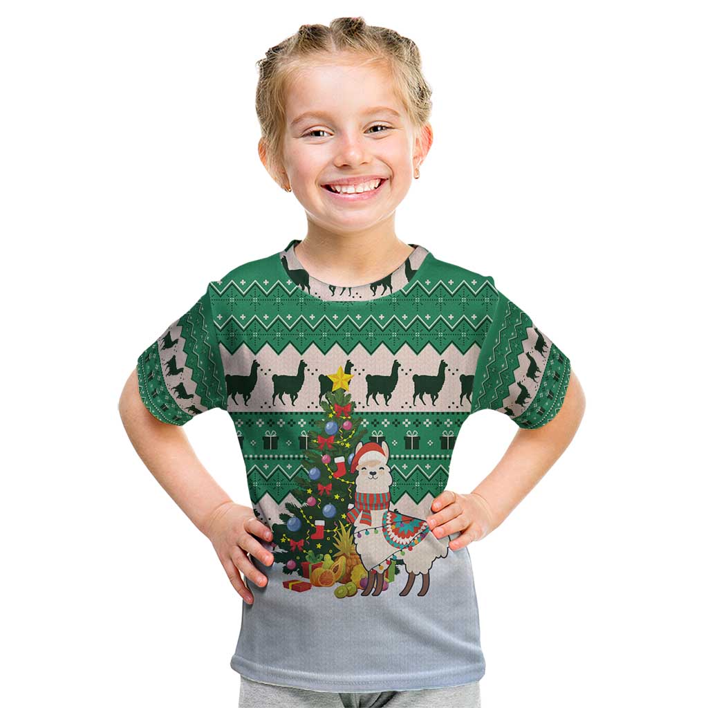 Llama Decorating Tree in Santa Hat Kid T Shirt with Green Gift Pattern Design - Wonder Print Shop