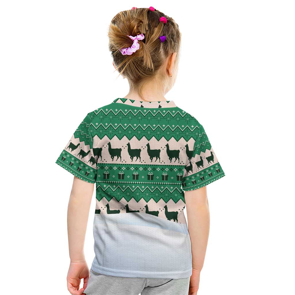 Llama Decorating Tree in Santa Hat Kid T Shirt with Green Gift Pattern Design - Wonder Print Shop