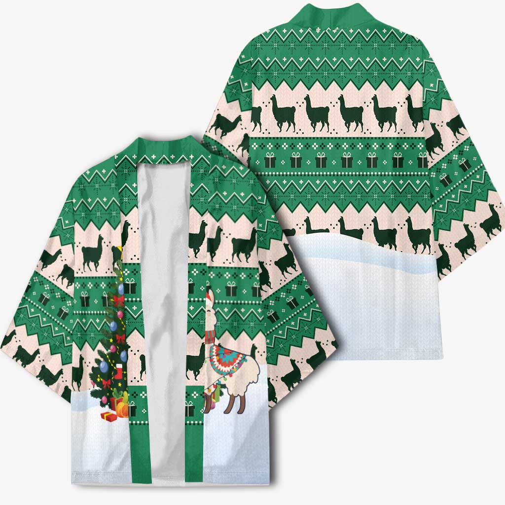 Llama Decorating Tree in Santa Hat Kimono with Green Gift Pattern Design - Wonder Print Shop